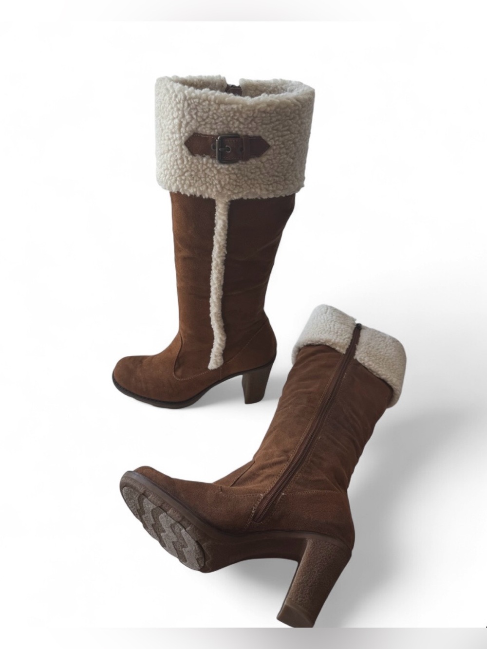 Y2K Bongo Brown Suede Sherpa Knee High Heeled Boots Cozy Boho Size 7